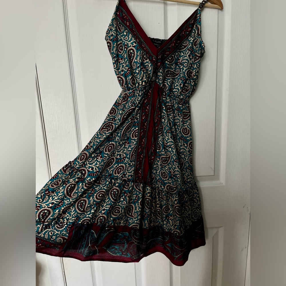 Women's Teal Paisley Maxi Dress with Burgundy Accents US S
